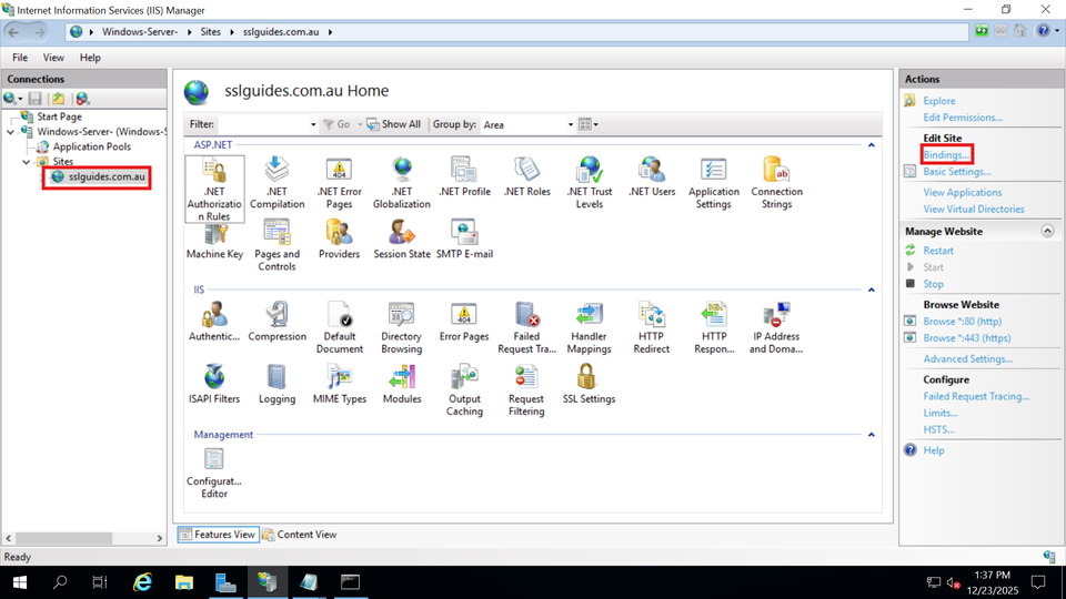 IIS navigate to site bindings on dashboard